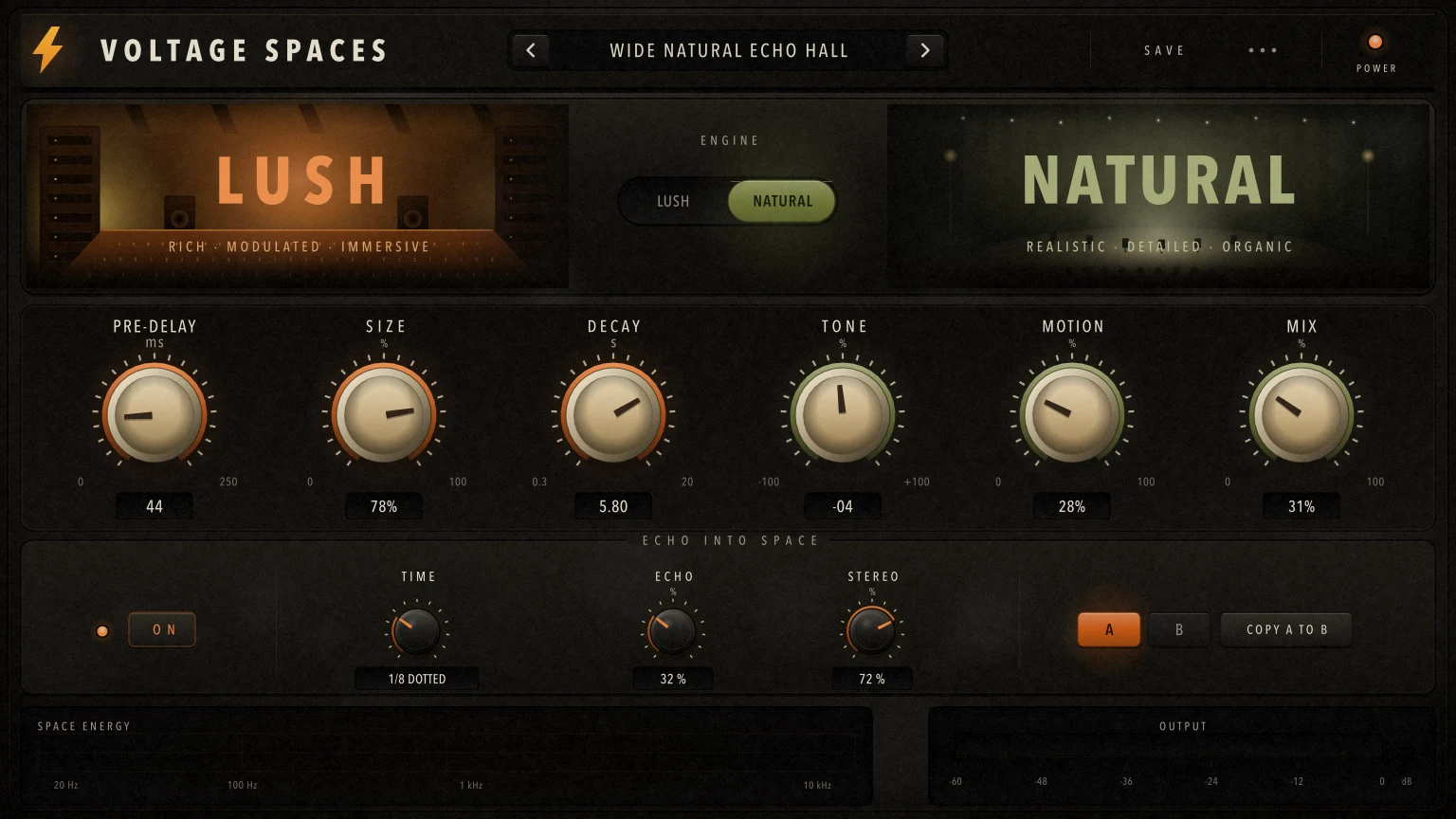 Voltage Spaces Lush and Natural stereo reverb interface